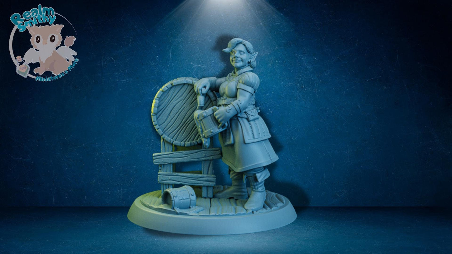 Tavern Keeper Miniature | TPK Lab Miniatures | Female Bar Keep | Fantasy Woman Pouring Ale