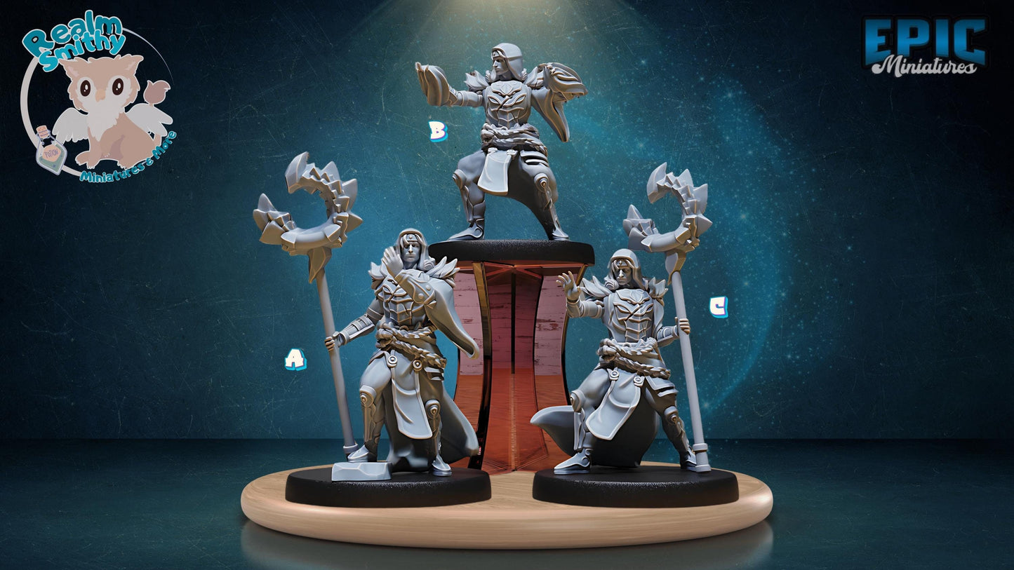 Guild Sorcerer | Male | Premium DnD Minis with High Quality Resin | Fantasy Mage, Warlock, Sorcerer, Man, Staff, Magic, Ice, Fire, Hood, Tunic