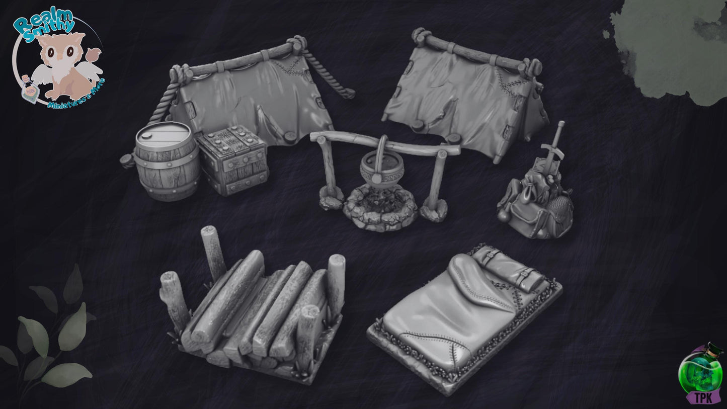 Campsite Bundle | TPK Lab Miniatures | Fantasy Scatter, Terrain, Environment, Camp, Tent, Fire, Firewood, Bed