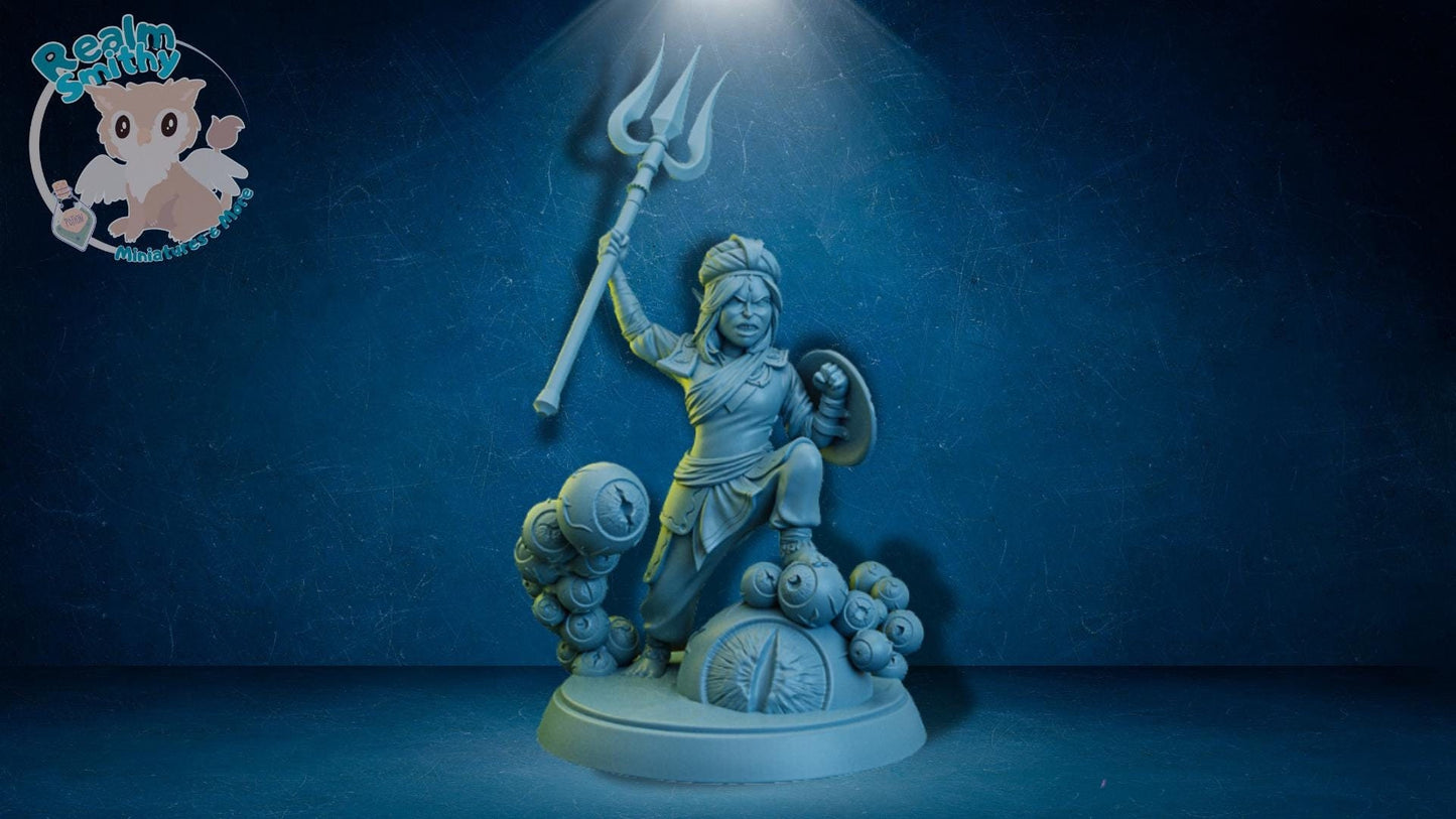Ojal, Halfling Chaos Knight | TPK Lab Miniatures | Fantasy Gnome Woman, Shield and Spear/Trident Weapon | Gnome