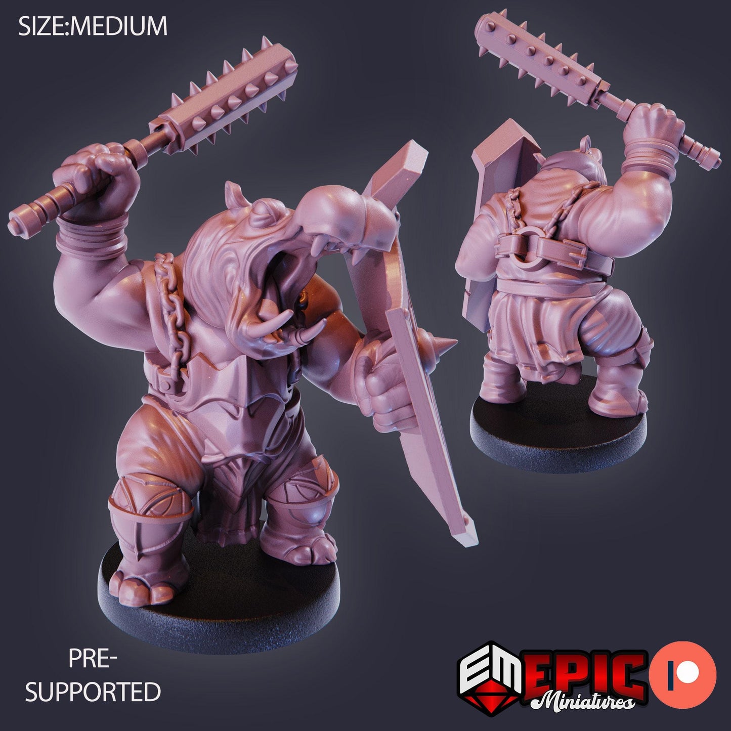 Hippo Warrior Miniature (Medium) | Premium DnD Minis | High Quality Resin | Fantasy, Hippopotamus, Fighter, Bat, Shield, Giff, Hippo-Folk