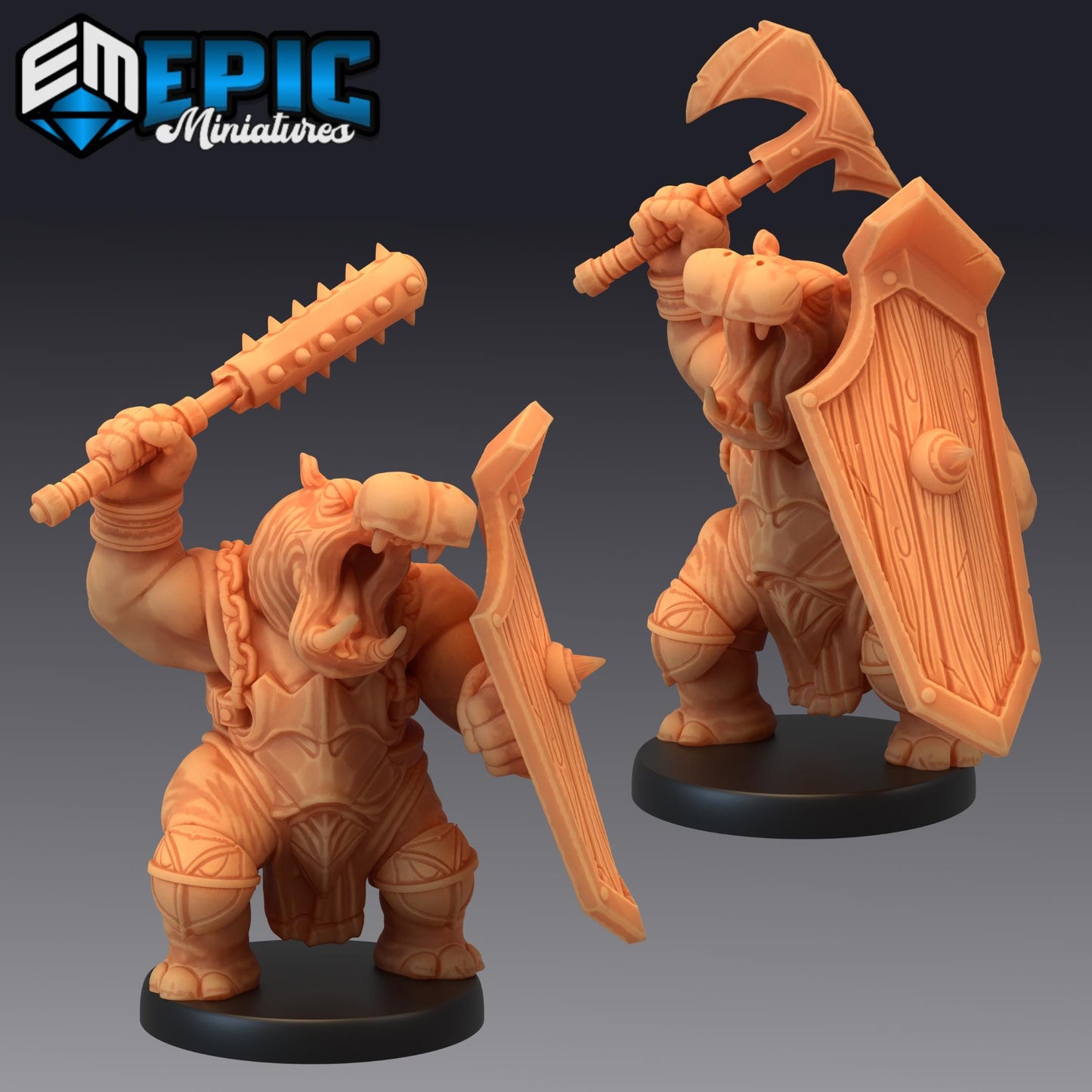 Hippo Warrior Miniature (Medium) | Premium DnD Minis | High Quality Resin | Fantasy, Hippopotamus, Fighter, Bat, Shield, Giff, Hippo-Folk