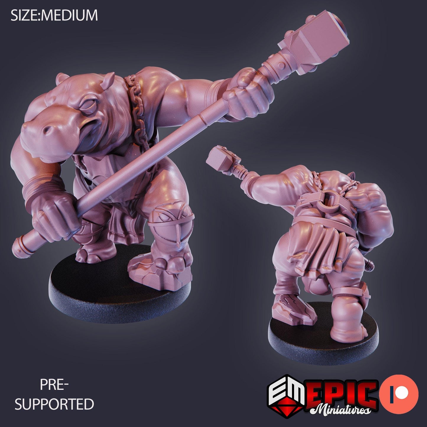 Hippo Warrior Miniature (Medium) | Premium DnD Minis | High Quality Resin | Fantasy, Hippopotamus, Fighter, Bat, Shield, Giff, Hippo-Folk