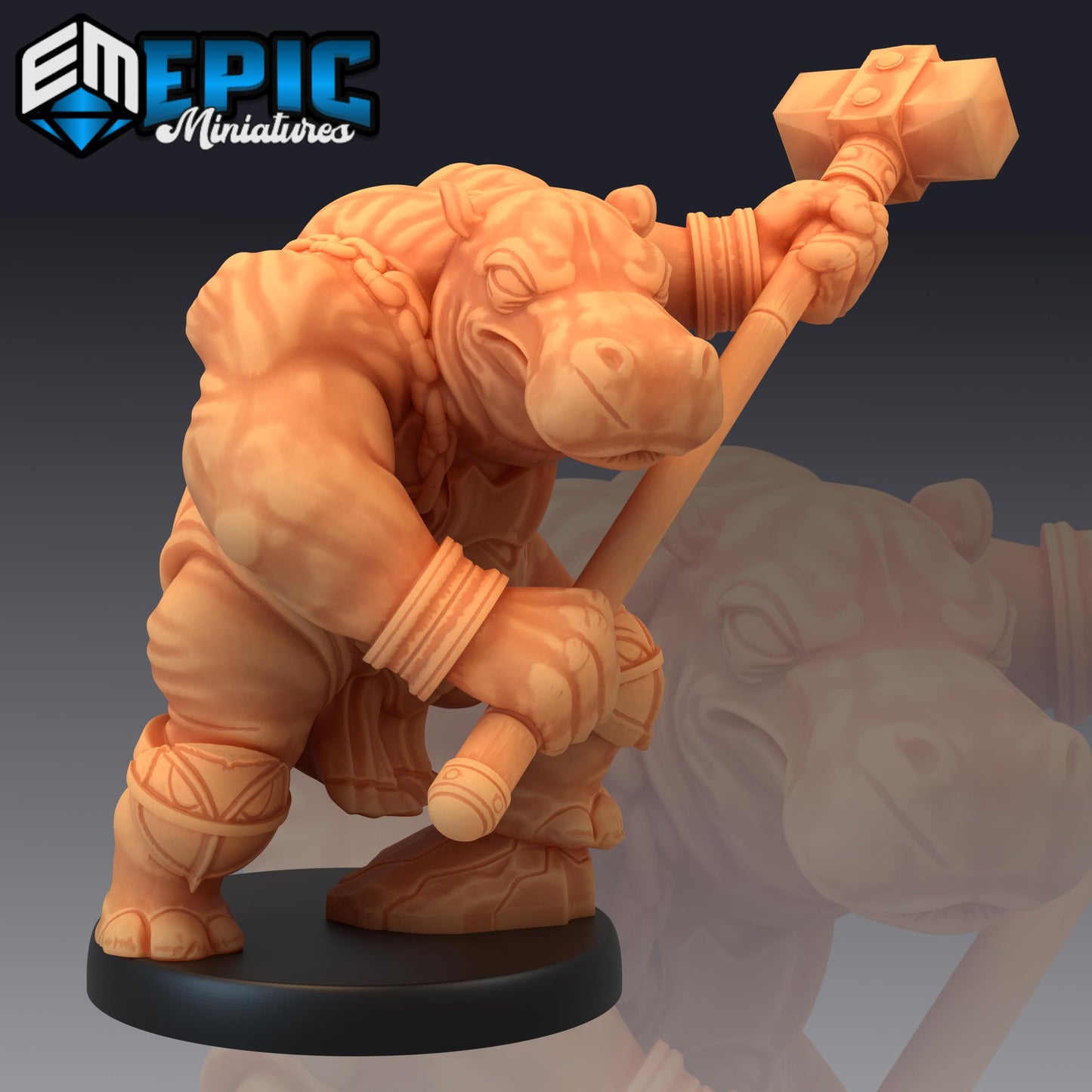 Hippo Warrior Miniature (Medium) | Premium DnD Minis | High Quality Resin | Fantasy, Hippopotamus, Fighter, Bat, Shield, Giff, Hippo-Folk