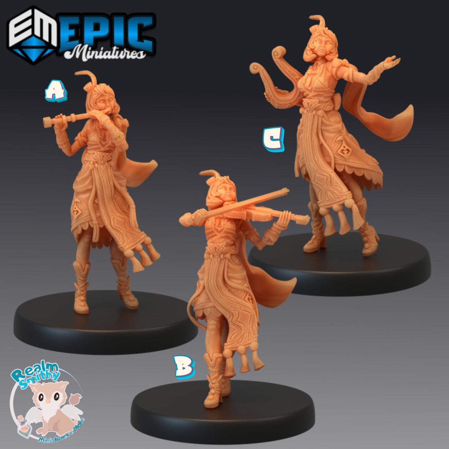 Female Bard Miniature (Medium) | Premium DnD Minis | High Quality Resin Miniature | Human, Elf, Bard Woman, Flute, Violin, Lyre, Feather