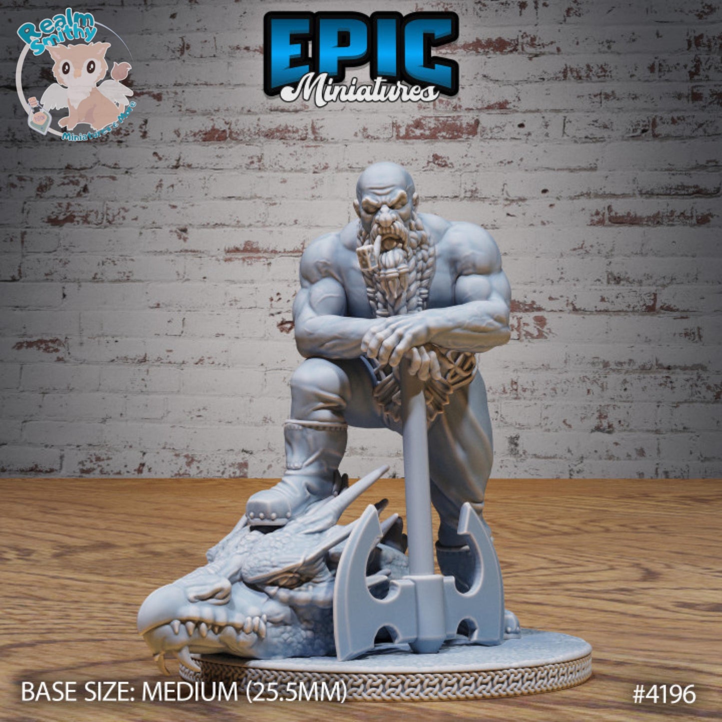 Male Dwarf Dragon Slayer | Premium DnD Miniatures High Quality Resin | Fantasy, Dragon Head, Battle Axe, Bald, Braided Beard