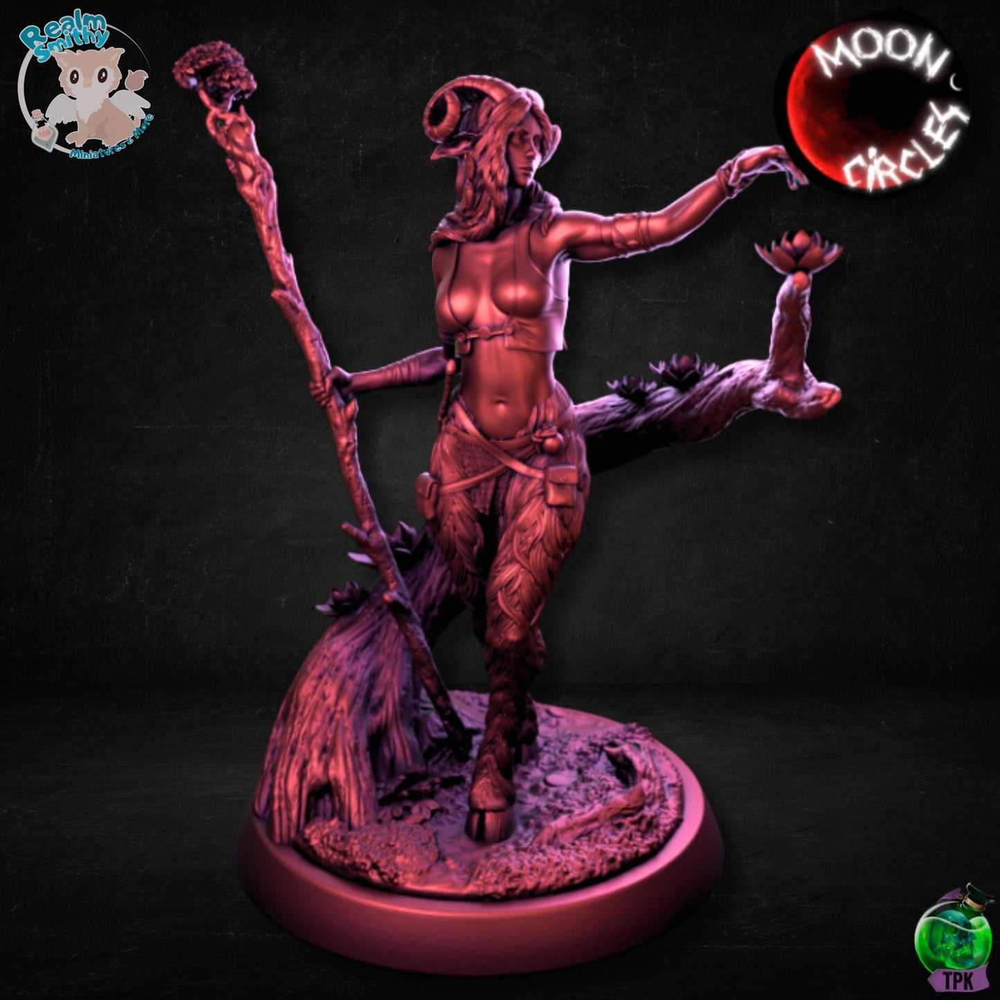 Female Faun Druid (32mm) | Premium DnD Miniatures High Quality Resin | Fantasy, Faun, Staff, Horns, Fey, Moon, Magic, Sorcerer