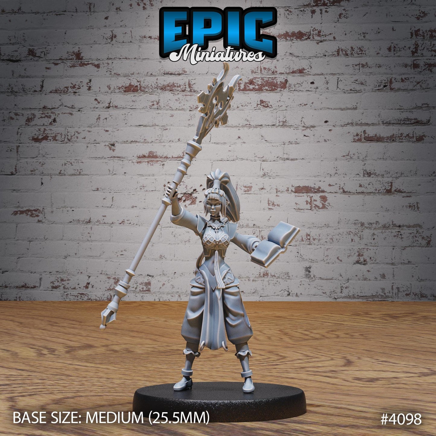 Female Elf Sorceress Miniature (Medium) | Premium DnD Minis High Quality Resin | Fantasy, Wizard, Warlock, Staff, Bust, Book, Ponytail