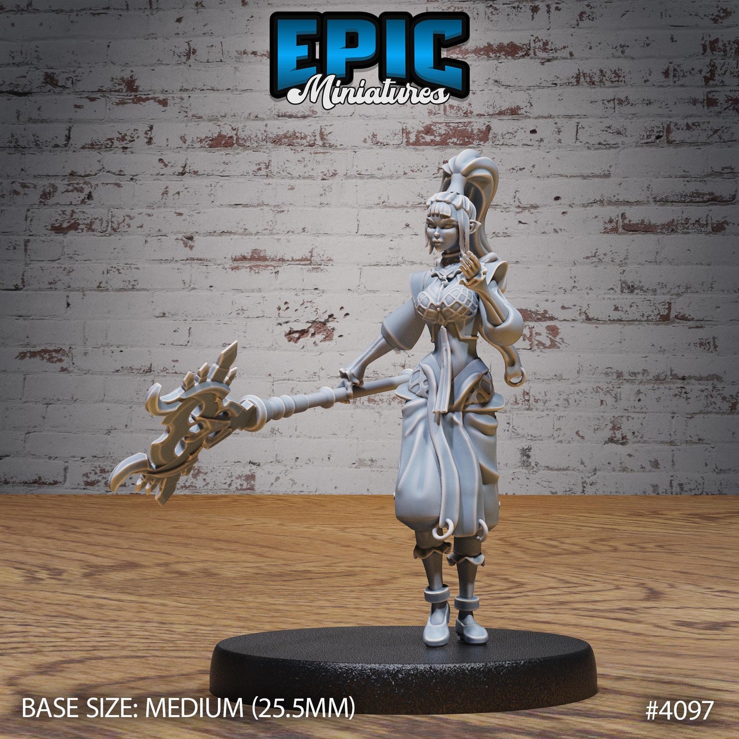Female Elf Sorceress Miniature (Medium) | Premium DnD Minis High Quality Resin | Fantasy, Wizard, Warlock, Staff, Bust, Book, Ponytail