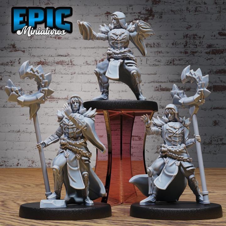 Guild Sorcerer | Male | Premium DnD Minis with High Quality Resin | Fantasy Mage, Warlock, Sorcerer, Man, Staff, Magic, Ice, Fire, Hood, Tunic