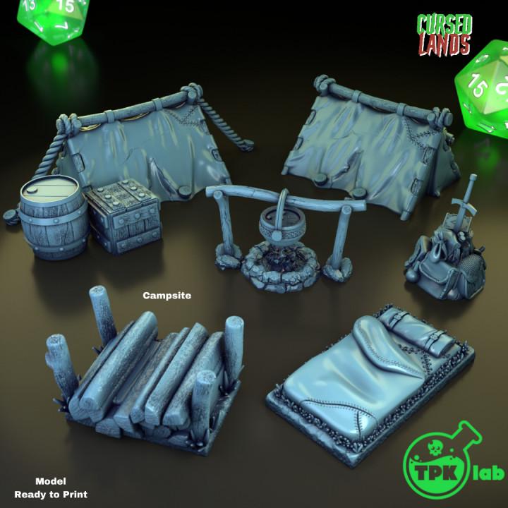 Campsite Bundle | TPK Lab Miniatures | Fantasy Scatter, Terrain, Environment, Camp, Tent, Fire, Firewood, Bed