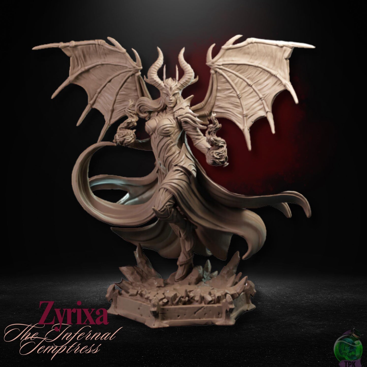 Zyrixa the Infernal Temptress (Medium) | TPK Lab Miniatures | Mizora Tiefling Devil Woman Female Wings Horns