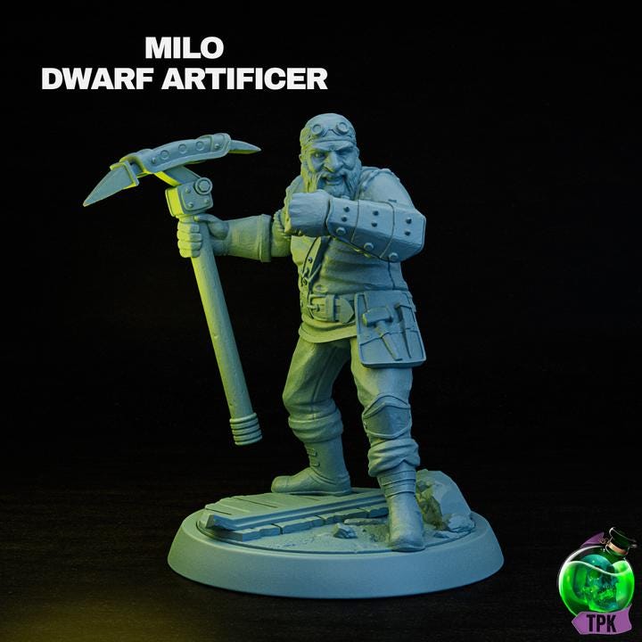 Milo Male Dwarf Artificer | TPK Lab Miniatures | Fantasy Underdark, Mining Man | Hammer, Fist, Axe, Pickaxe