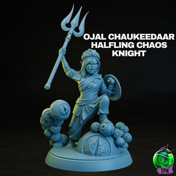 Ojal, Halfling Chaos Knight | TPK Lab Miniatures | Fantasy Gnome Woman, Shield and Spear/Trident Weapon | Gnome