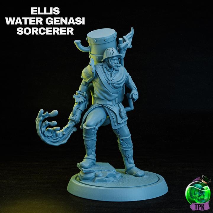 Ellis, Water Genasi Sorcerer | TPK Lab Miniatures | Fantasy Water Magic Miniature | Elemental Gun Soldier Male