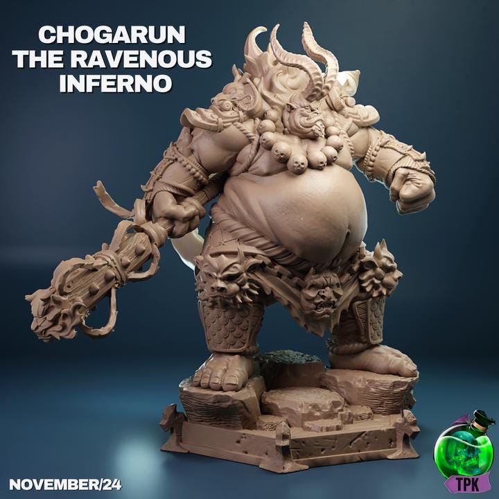 Chogarun, the Ravenous Inferno (Large) | TPK Lab Miniatures | Ogre, Orc, Giant, Belly, Tiefling, Abomination, Monster, Fat Internal, Enemy