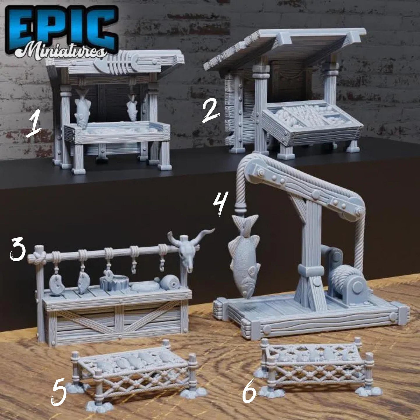 Harbor Merchant Stands | Premium DnD Miniatures High Quality Resin | Fantasy Scatter, Terrain Environment | Fish, Net, Docks, Hook, Trader