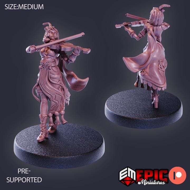 Female Bard Miniature (Medium) | Premium DnD Minis | High Quality Resin Miniature | Human, Elf, Bard Woman, Flute, Violin, Lyre, Feather