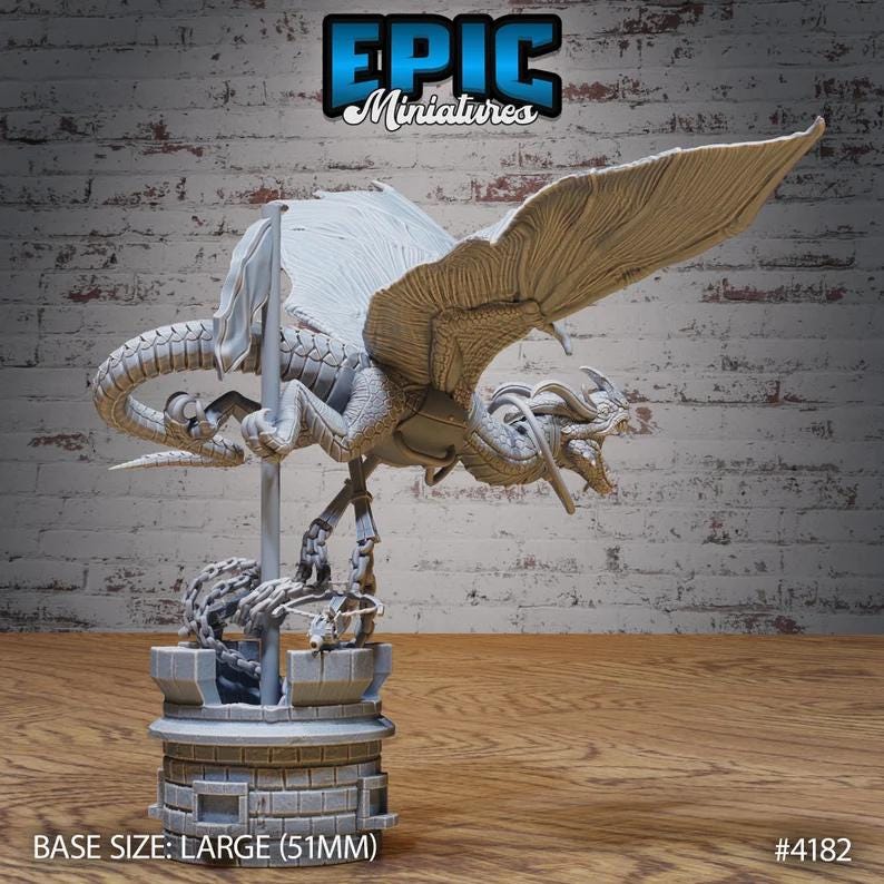 Mountain Wyvern | Premium DnD Minis with High Quality Resin | Fantasy Wyvern, Dragon, Ruins, Chained, Attacking, Mount, Wings
