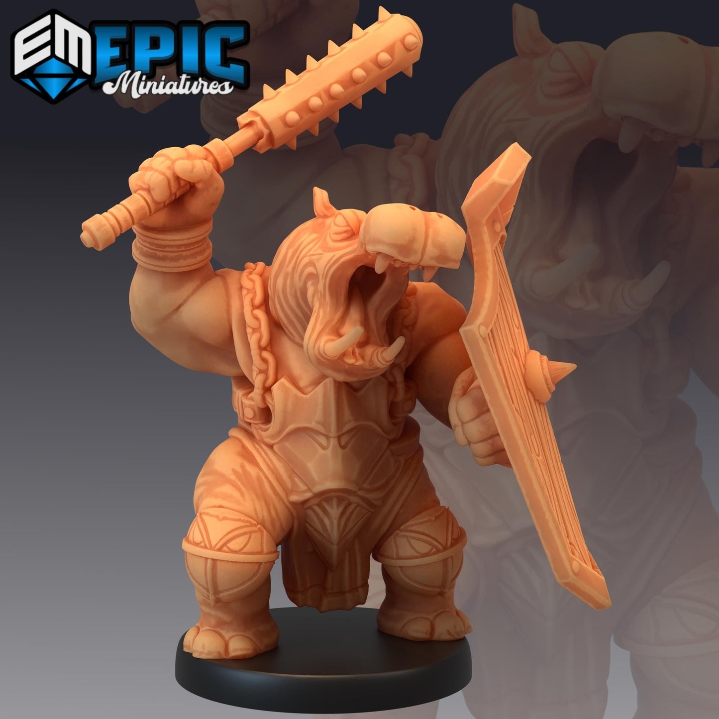 Hippo Warrior Miniature (Medium) | Premium DnD Minis | High Quality Resin | Fantasy, Hippopotamus, Fighter, Bat, Shield, Giff, Hippo-Folk