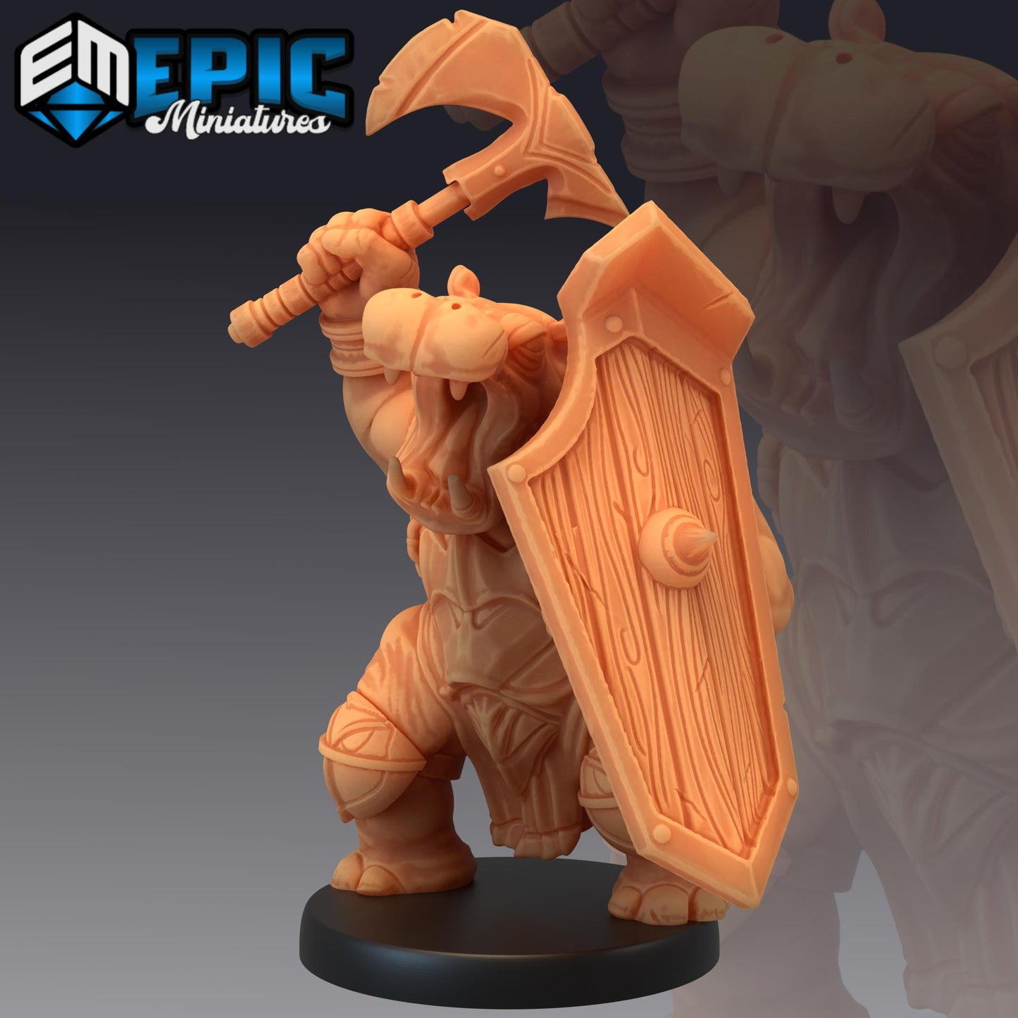 Hippo Warrior Miniature (Medium) | Premium DnD Minis | High Quality Resin | Fantasy, Hippopotamus, Fighter, Bat, Shield, Giff, Hippo-Folk