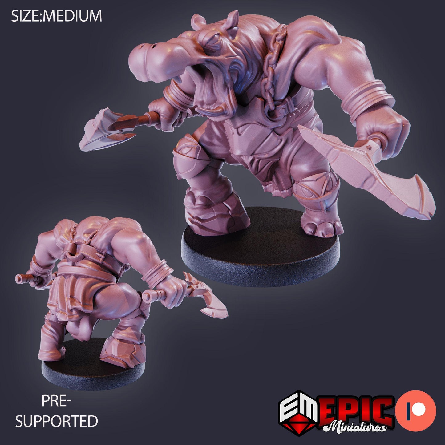 Hippo Warrior Miniature (Medium) | Premium DnD Minis | High Quality Resin | Fantasy, Hippopotamus, Fighter, Bat, Shield, Giff, Hippo-Folk