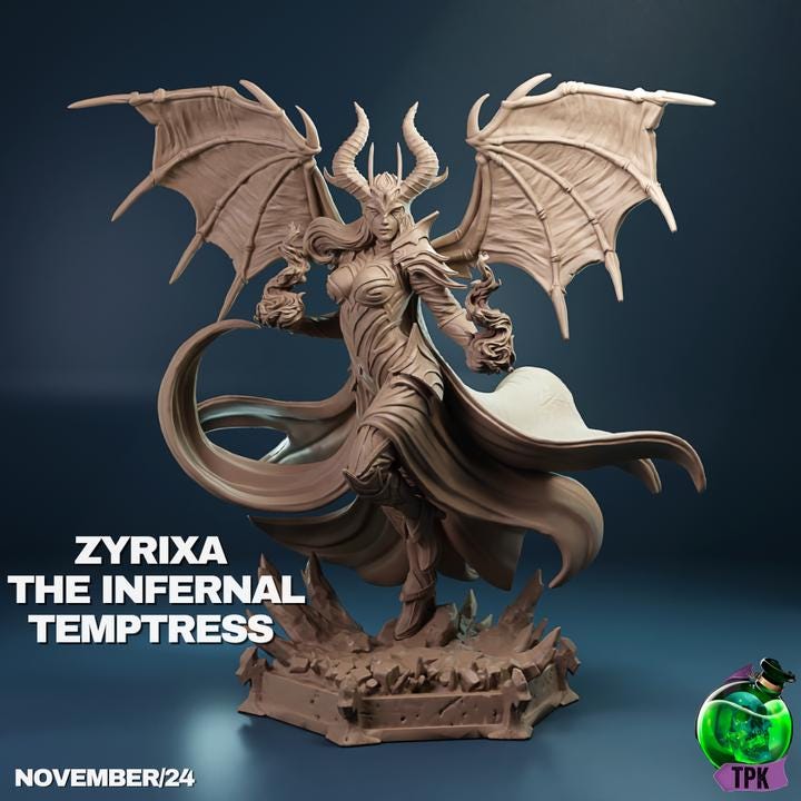 Zyrixa the Infernal Temptress (Medium) | TPK Lab Miniatures | Mizora Tiefling Devil Woman Female Wings Horns