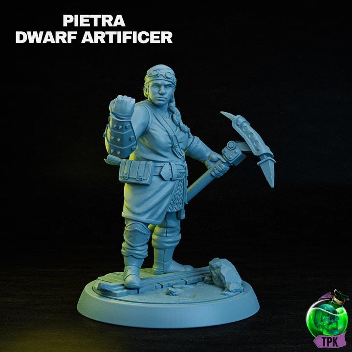 Pietra Female Dwarf Artificer | TPK Lab Miniatures | Fantasy Underdark, Mining Woman | Hammer, Fist, Axe Pickaxe