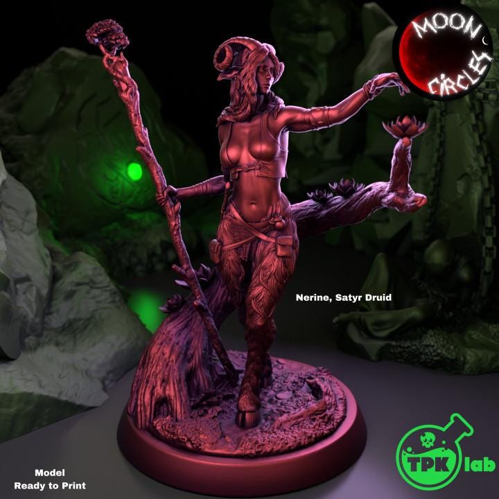 Female Faun Druid (32mm) | Premium DnD Miniatures High Quality Resin | Fantasy, Faun, Staff, Horns, Fey, Moon, Magic, Sorcerer