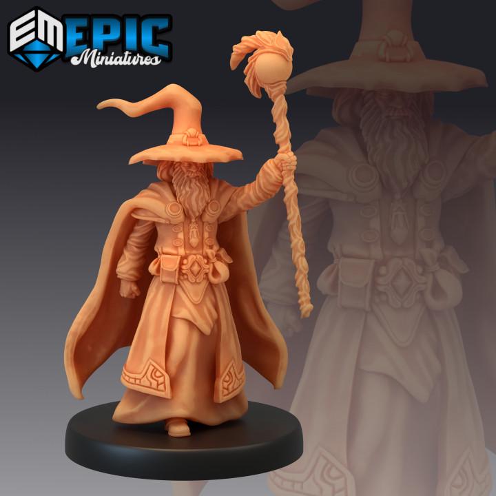 Male Elder Sorcerer Miniature | Premium DnD Minis with High Quality Resin | Fantasy Magic Mini with Staff, Fire Sword, Water | Elminster