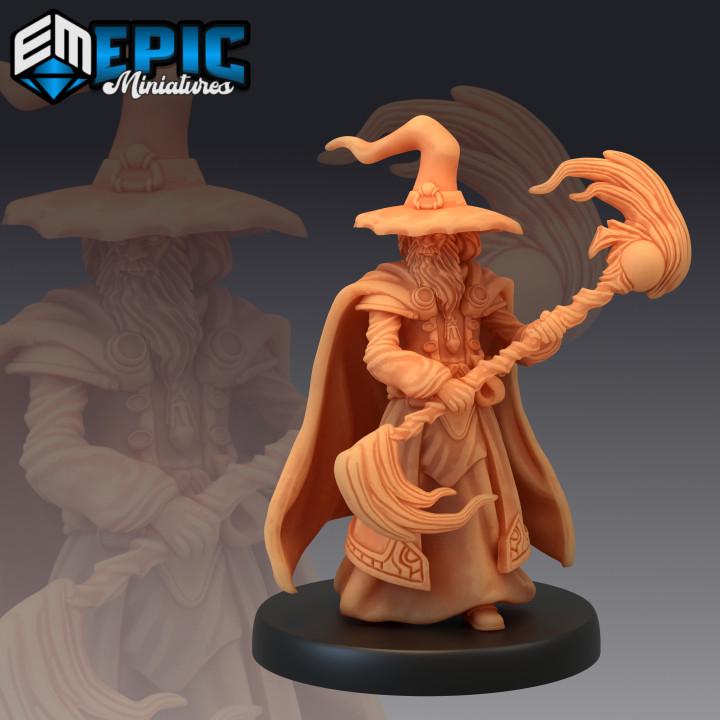 Male Elder Sorcerer Miniature | Premium DnD Minis with High Quality Resin | Fantasy Magic Mini with Staff, Fire Sword, Water | Elminster