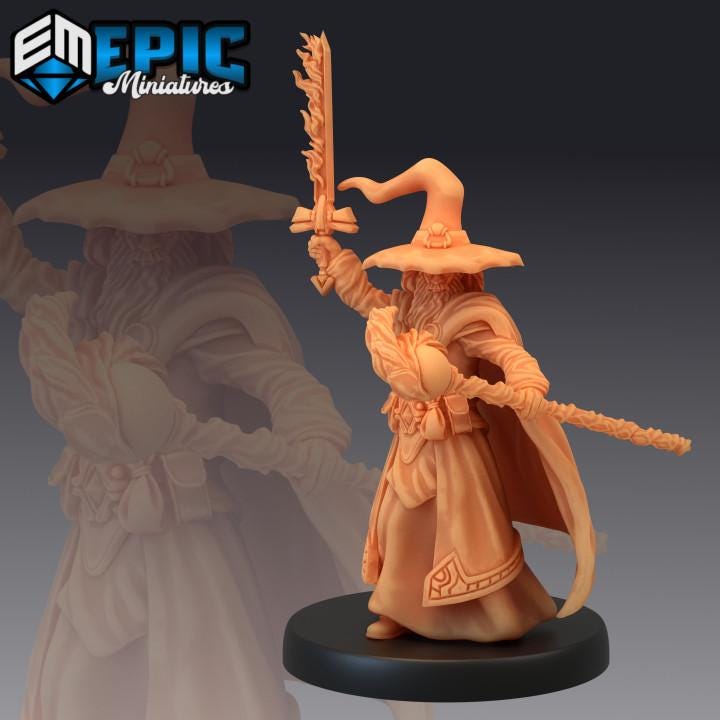 Male Elder Sorcerer Miniature | Premium DnD Minis with High Quality Resin | Fantasy Magic Mini with Staff, Fire Sword, Water | Elminster