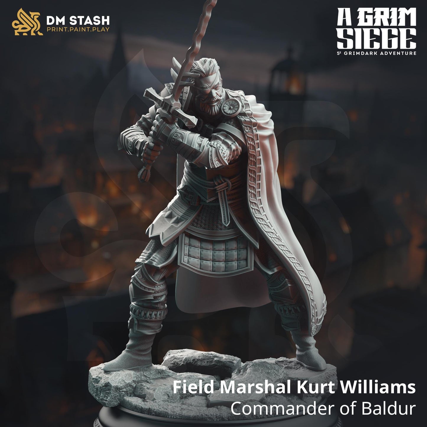 Field Marshal Kurt Williams - Commander of Baldur | A Grim Siege | DM STASH | High Quality Resin | Eyepatch, Old, Cool, Male Fighter, Leader