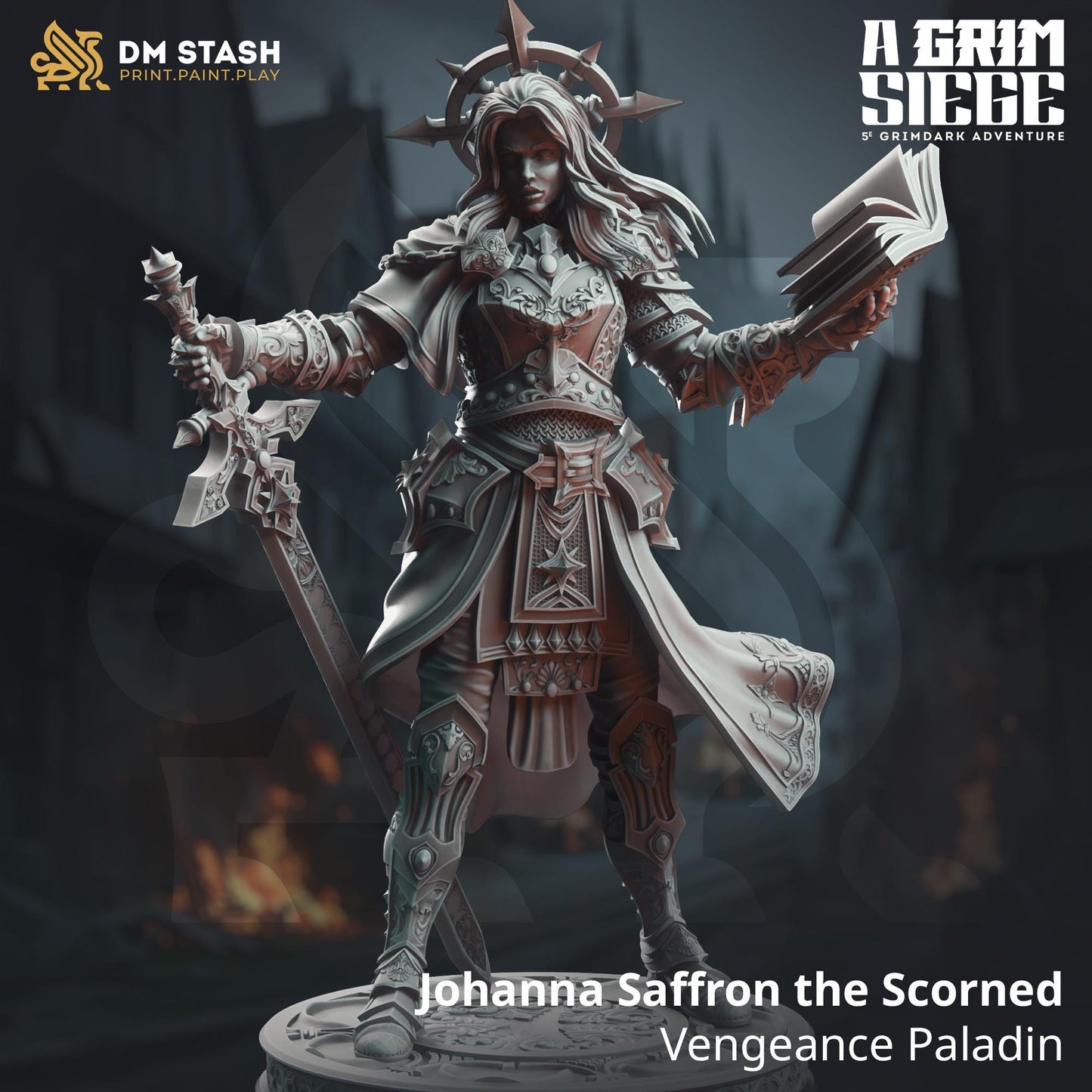 Johanna Saffron the Scorned - Vengeance Paladin | A Grim Siege | DM STASH | High Quality Resin | Cursed, Greatsword, Sword, Book, Female