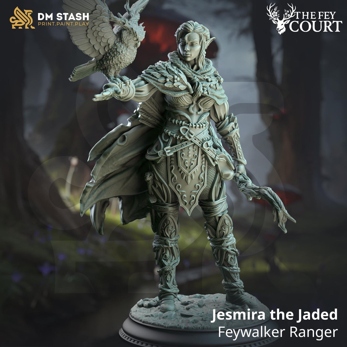 Jesmira the Jaded - Feywalker Ranger (Medium) | DM Stash | A Fey Court | Owl, Druid, Elf, Elves, Owl, Woman, Female, Half-Elf, Staff, Cleric