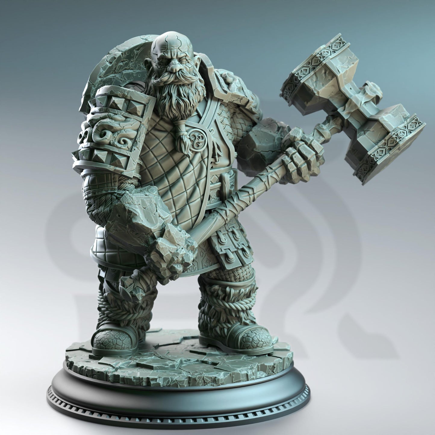 Kilroy of Voksnja - Earth Elemi Dwarf Cleric (Medium) | DM Stash | A Fey Court | Hammer, Dwarf, Bald, Shield, Beard, Dual Wield, Draugr Male