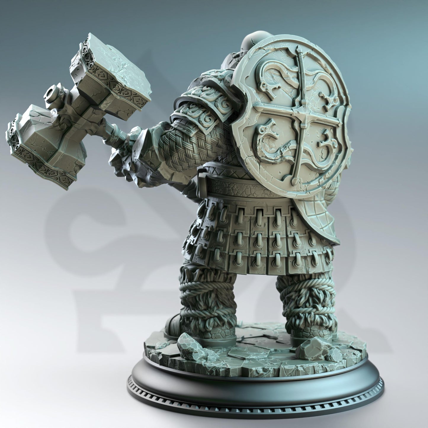 Kilroy of Voksnja - Earth Elemi Dwarf Cleric (Medium) | DM Stash | A Fey Court | Hammer, Dwarf, Bald, Shield, Beard, Dual Wield, Draugr Male