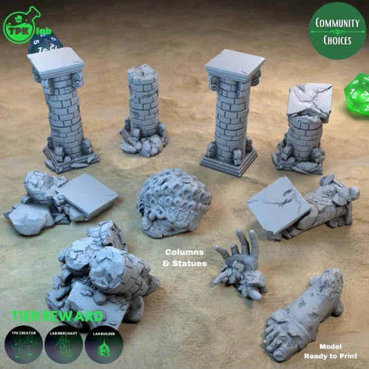 Columns & Statue Ruins Bundle | TPK Lab Miniatures | Fantasy Scatter with Rocks and Stones, Wreck, Destroyed