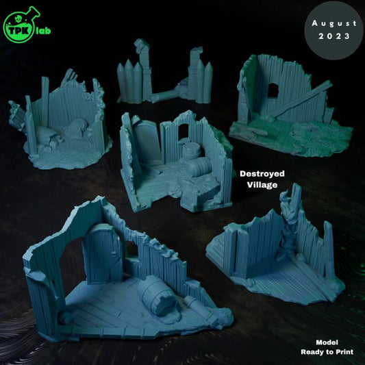 Destroyed Village Bundle | TPK Lab Miniatures | Fantasy Village, Ruined Buildings and Scatter | Terrain