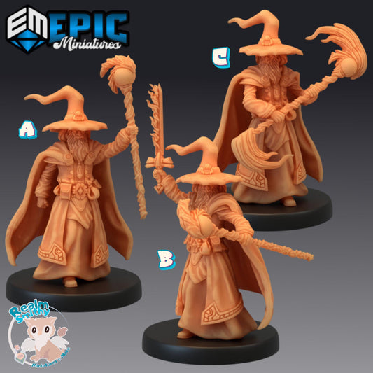 Male Elder Sorcerer Miniature | Premium DnD Minis with High Quality Resin | Fantasy Magic Mini with Staff, Fire Sword, Water | Elminster
