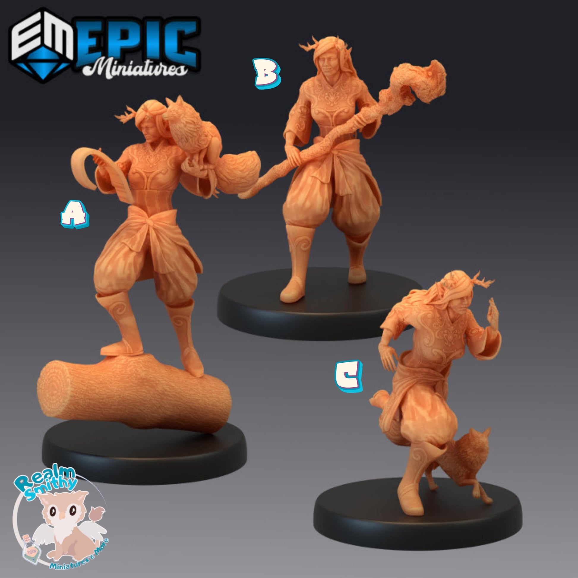 Forest Druid Set / Female Nature Leader / Woodland Guardian | Premium DnD Minis with High Quality Resin | Log, Scroll, Staff