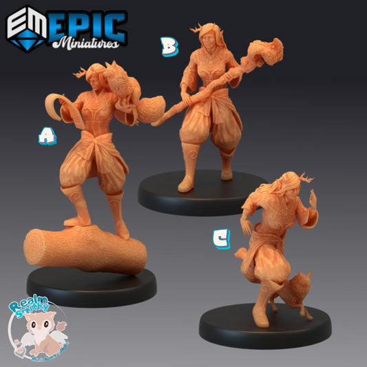 Forest Druid Set / Female Nature Leader / Woodland Guardian | Premium DnD Minis with High Quality Resin | Log, Scroll, Staff