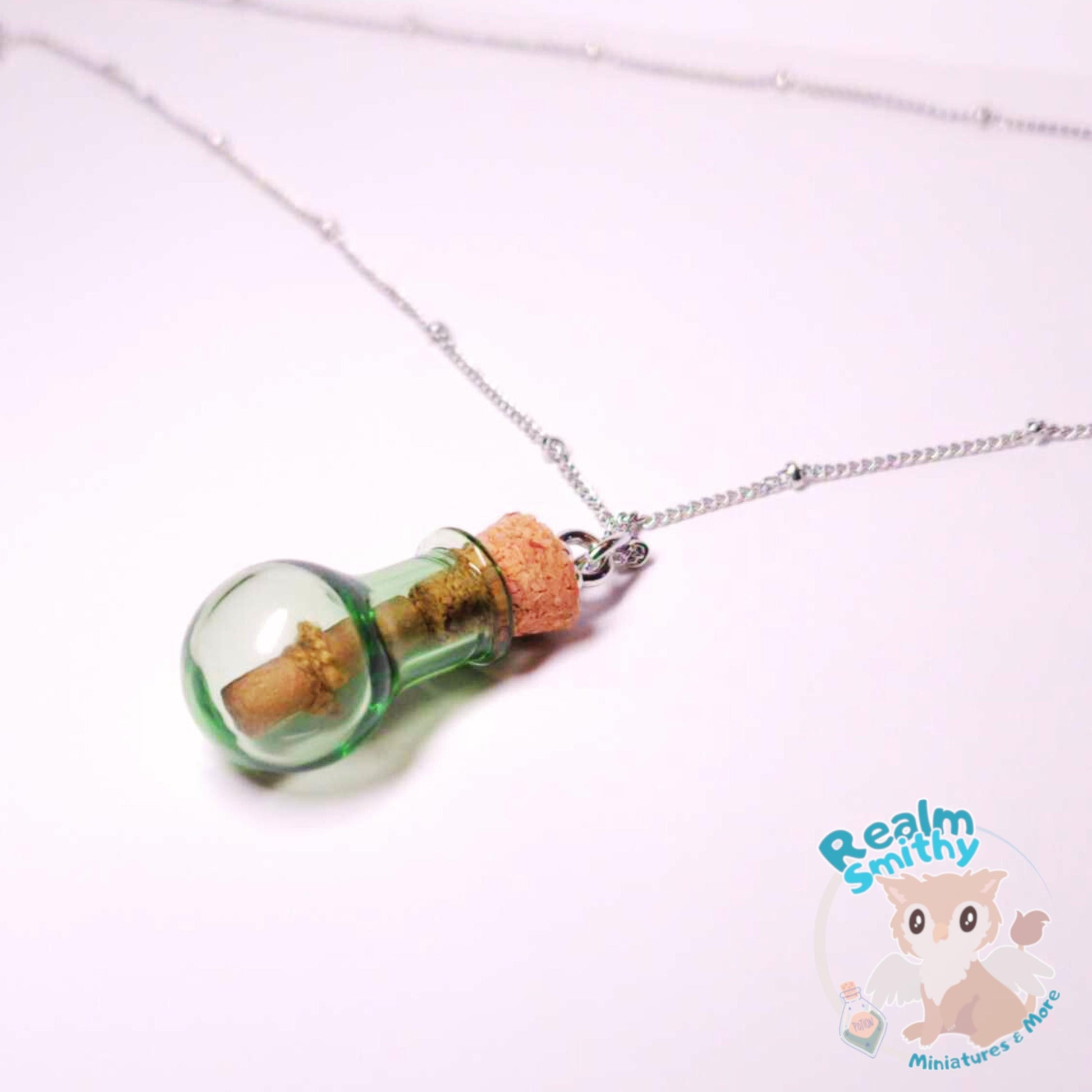 Rhodium Message in a Bottle Necklace | Premium Quality Green Bottle | Long 30 Inch Length | Nickel Free, Fantasy, Cork, Chain, DnD