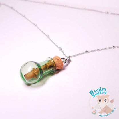Rhodium Message in a Bottle Necklace | Premium Quality Green Bottle | Long 30 Inch Length | Nickel Free, Fantasy, Cork, Chain, DnD