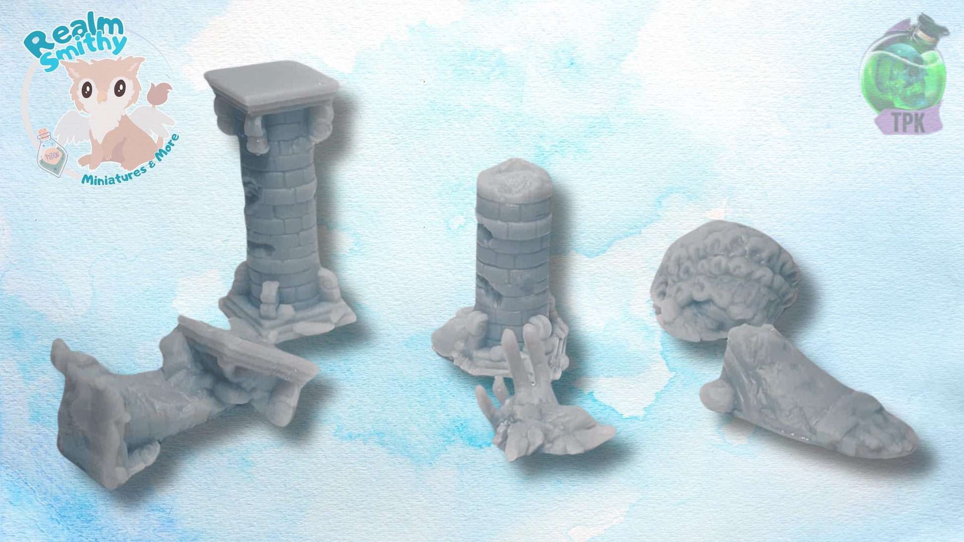 Columns & Statue Ruins Bundle | TPK Lab Miniatures | Fantasy Scatter with Rocks and Stones, Wreck, Destroyed