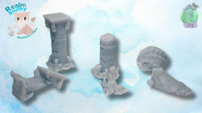 Columns & Statue Ruins Bundle | TPK Lab Miniatures | Fantasy Scatter with Rocks and Stones, Wreck, Destroyed