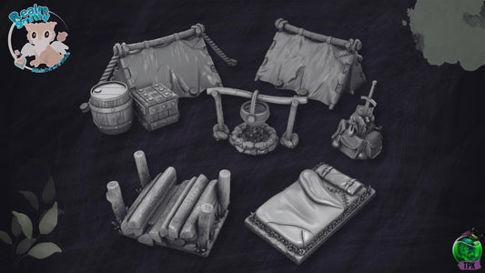 Campsite Bundle | TPK Lab Miniatures | Fantasy Scatter, Terrain, Environment, Camp, Tent, Fire, Firewood, Bed