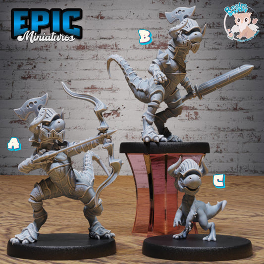 Dino Knight Miniature (Medium) | Premium DnD Minis High Quality Resin | Fantasy | Baby, Dinosaur, Armor, Bow, Helmet, Sword, Saurial
