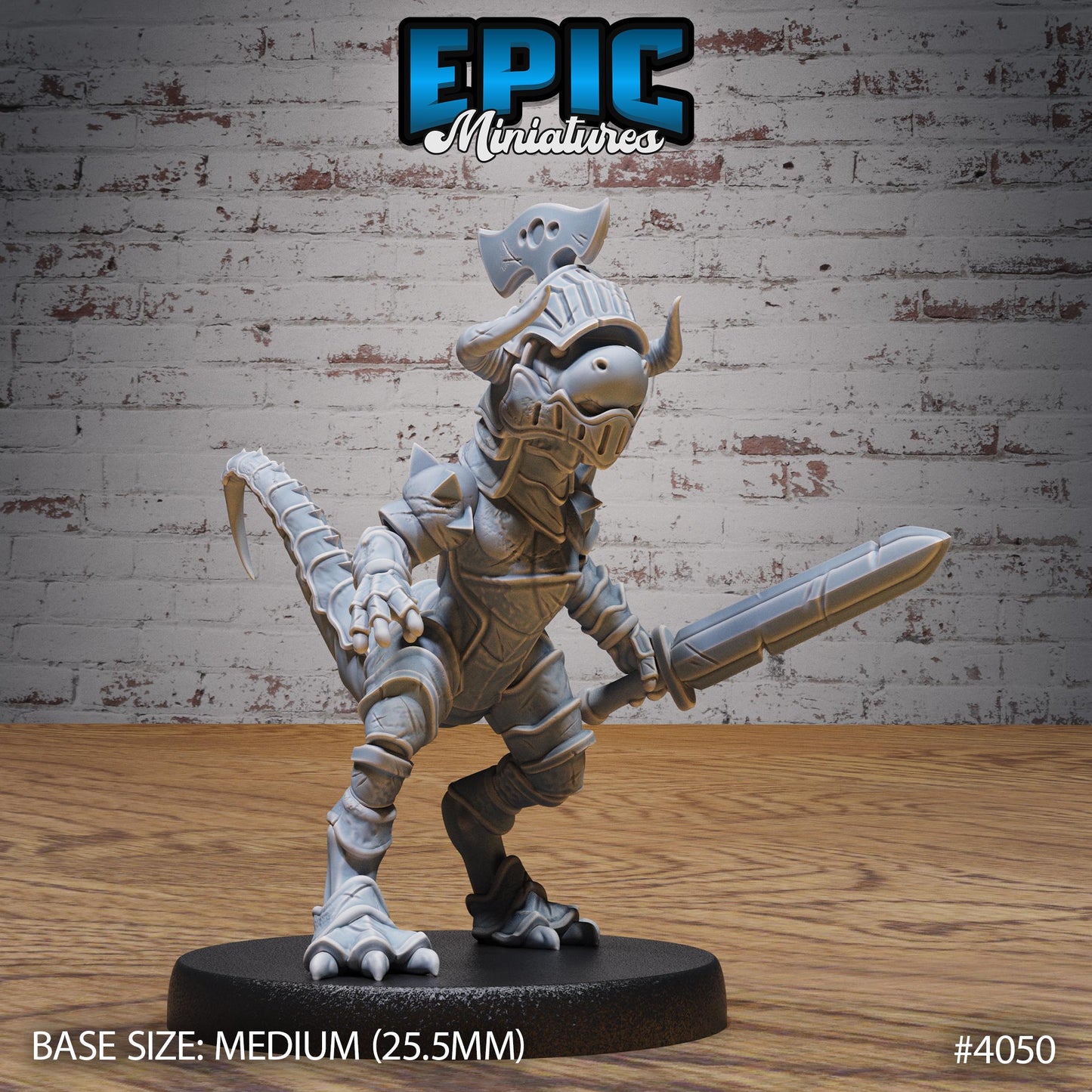 Dino Knight Miniature (Medium) | Premium DnD Minis High Quality Resin | Fantasy | Baby, Dinosaur, Armor, Bow, Helmet, Sword, Saurial