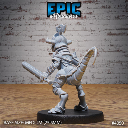 Dino Knight Miniature (Medium) | Premium DnD Minis High Quality Resin | Fantasy | Baby, Dinosaur, Armor, Bow, Helmet, Sword, Saurial